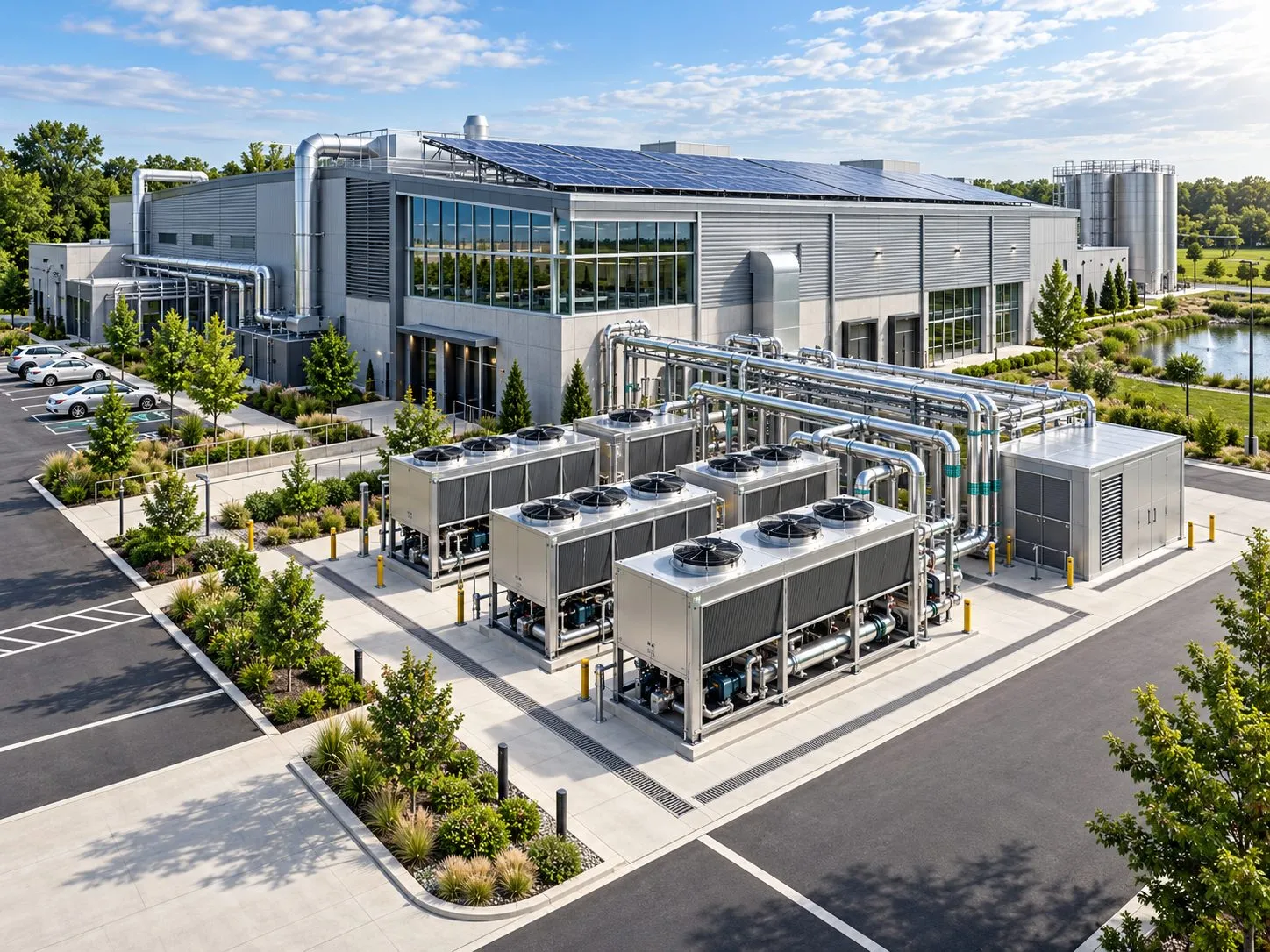 Planta industrial con chillers de enfriamiento por aire